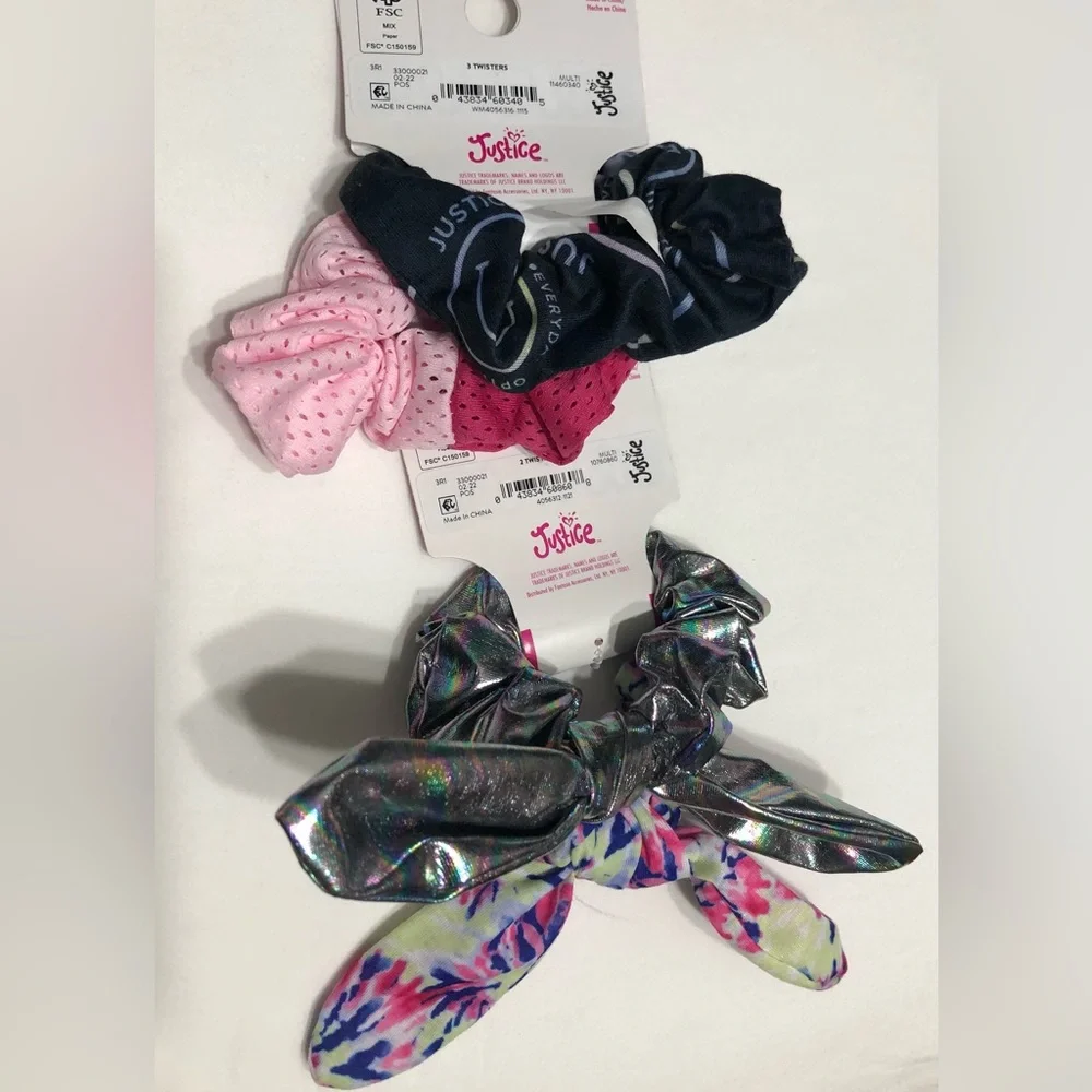 5 PK of girls’ elastic twisters pink blue purple silver green. Age 4+